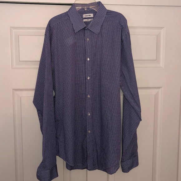 Calvin Klein Navy Check Dress Shirt, 17 Slim - Picture 1 of 5